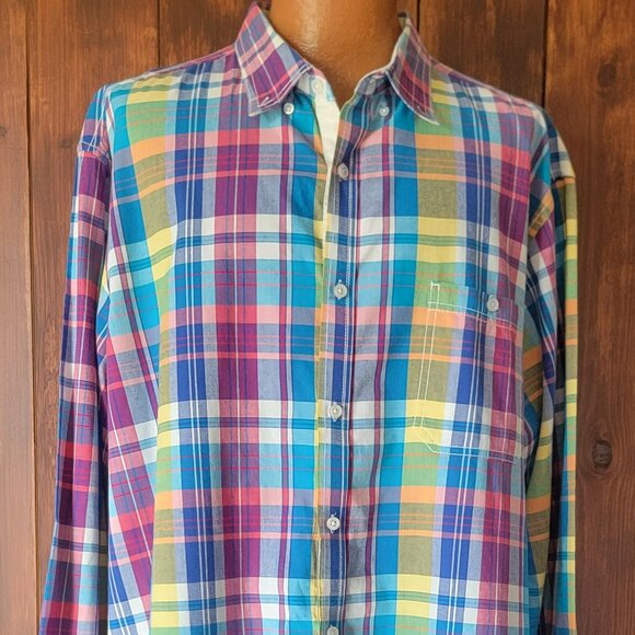 Club Room Men XXL Madras Plaid Shirt 100% Cotton Button Down Collar Long Sleeve - Picture 2 of 13